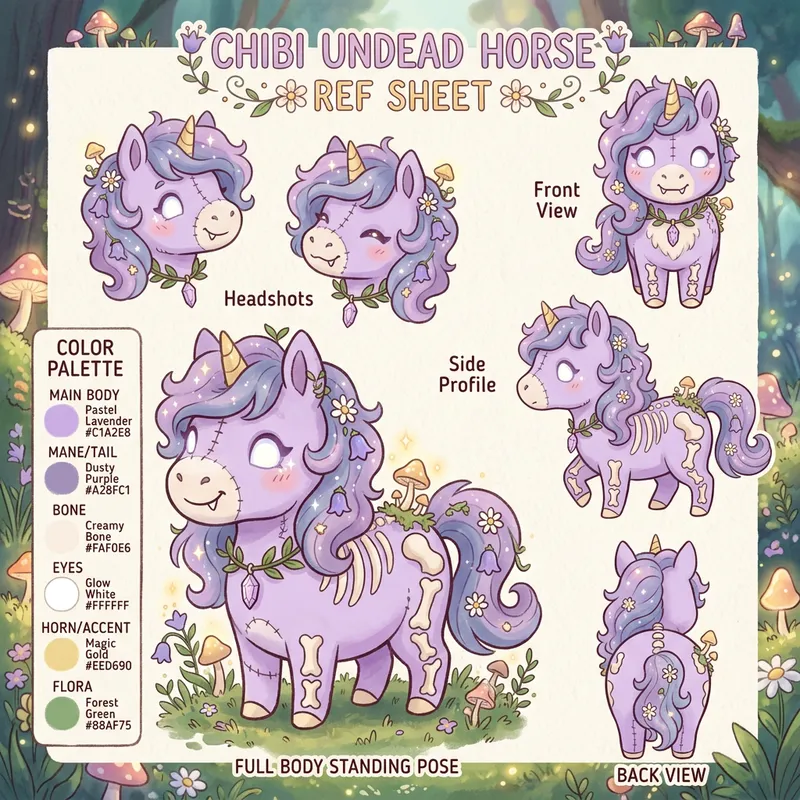 Cute Undead Lavender Horse Reference Sheet | Multiple Views