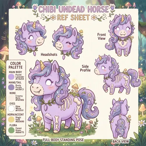 Charming Undead Horse Reference Sheet in Chibi Style