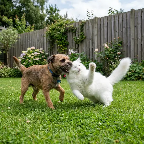 Playful Dog and Cat Fight in a Backyard