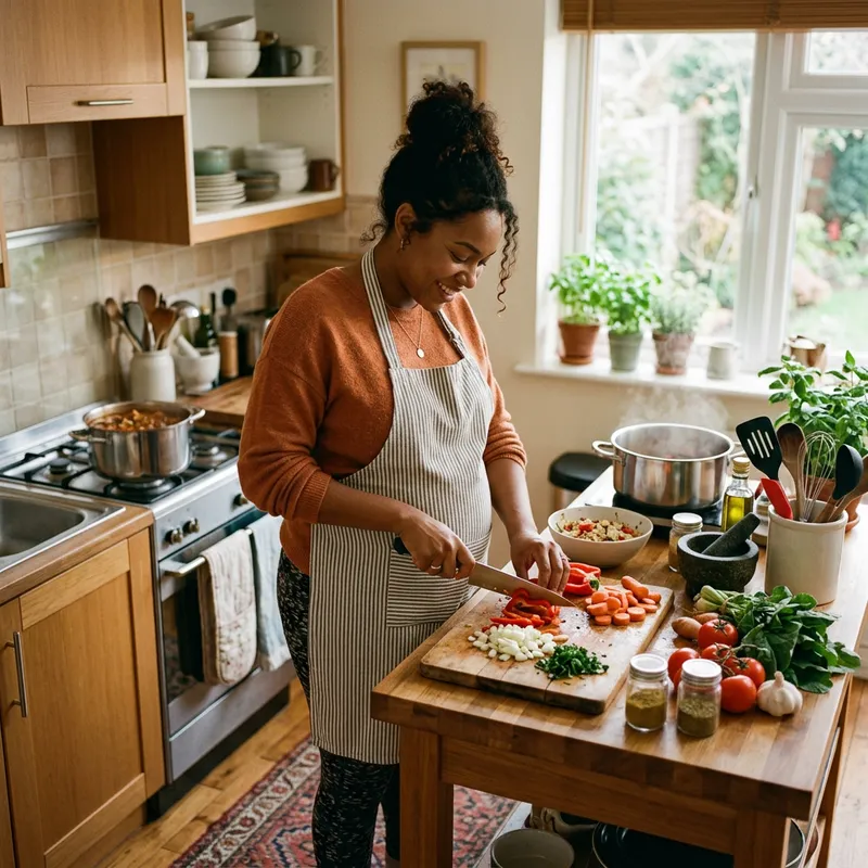 Pregnant Black Woman Cooking and Preparing