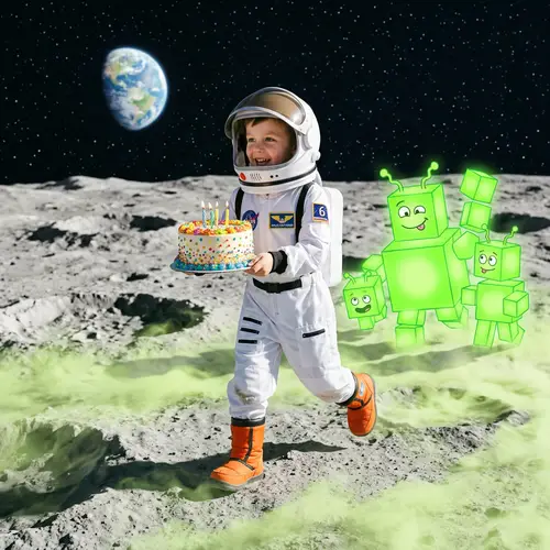 Fun Space Adventure with 6-Year-Old Boy and Birthday Cake