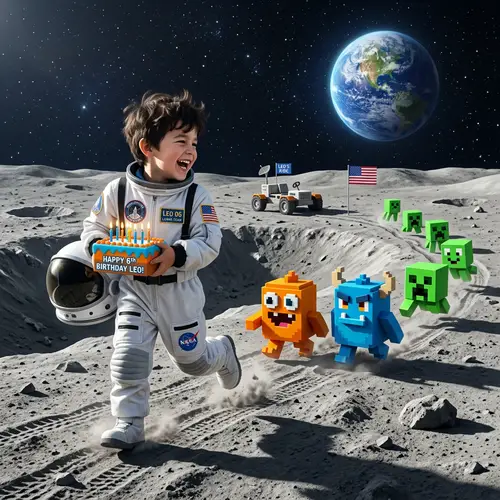 Fun Space Adventure with 6-Year-Old Boy on Moon | Birthday Cake Scene