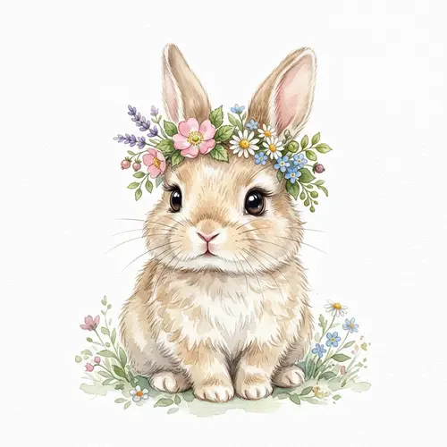 Cute Easter Baby Rabbit with Flowers - Watercolour Illustration