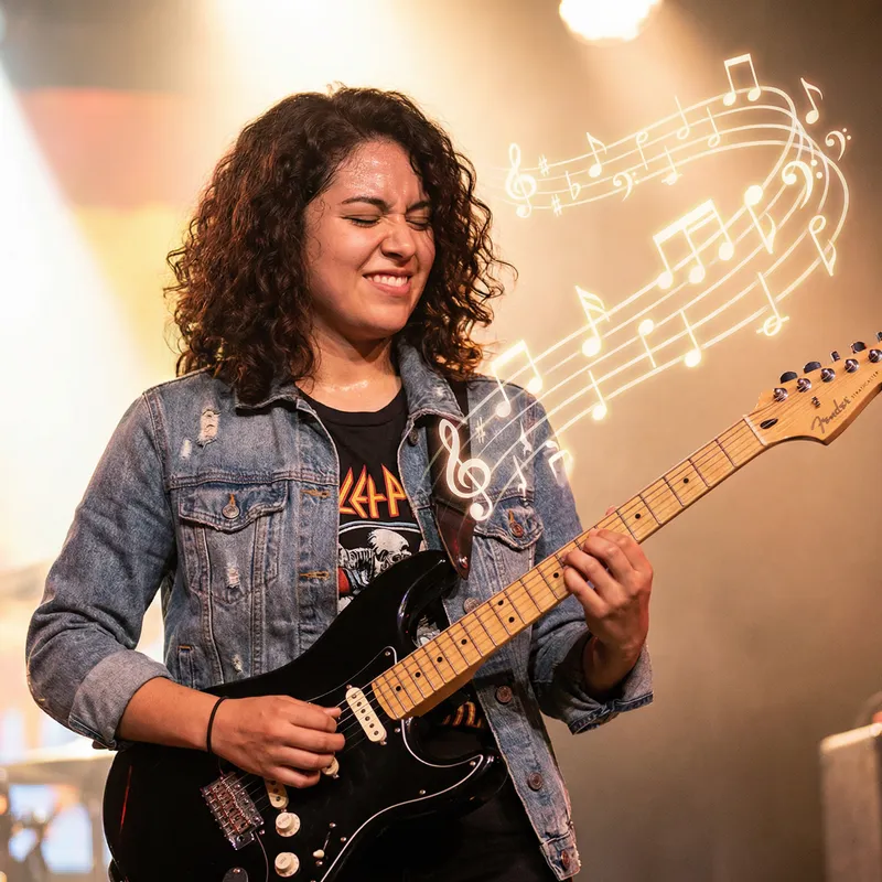 Talented Hispanic Female Guitarist Playing Electric Guitar Talented Hispanic Female Guitarist Playing Electric Guitar