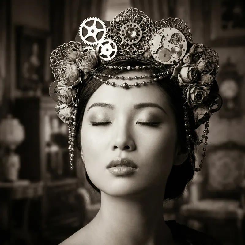 Chinese Woman in Sepia Steampunk Victorian Style Portrait