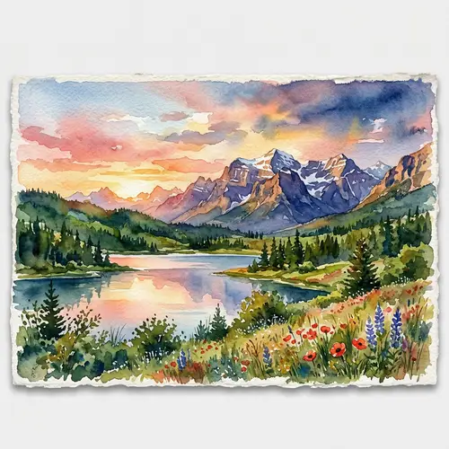 Watercolor Landscape Painting on Textured Paper: Mountains, Lake & Forests
