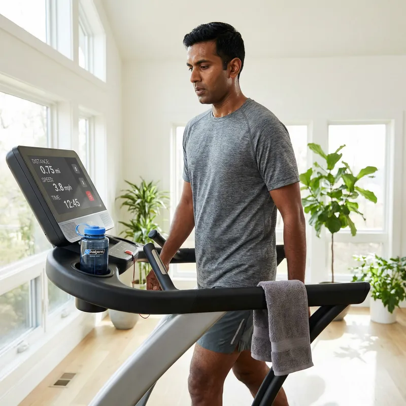 Determined Man Walking on Treadmill: Fitness Journey Visualized