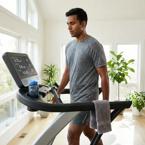 Determined South Asian Man Walking on Modern Treadmill