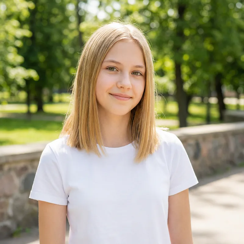 Stylish Teen Girl with Short Blond Hair and Green Eyes