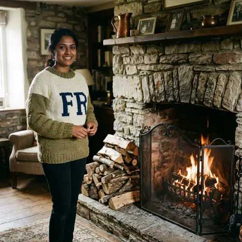 South Asian Female in 'FR' Knitted Sweater by Fireplace