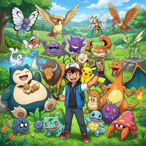 Pokemon Trainer with Pikachu and All His Pokemon
