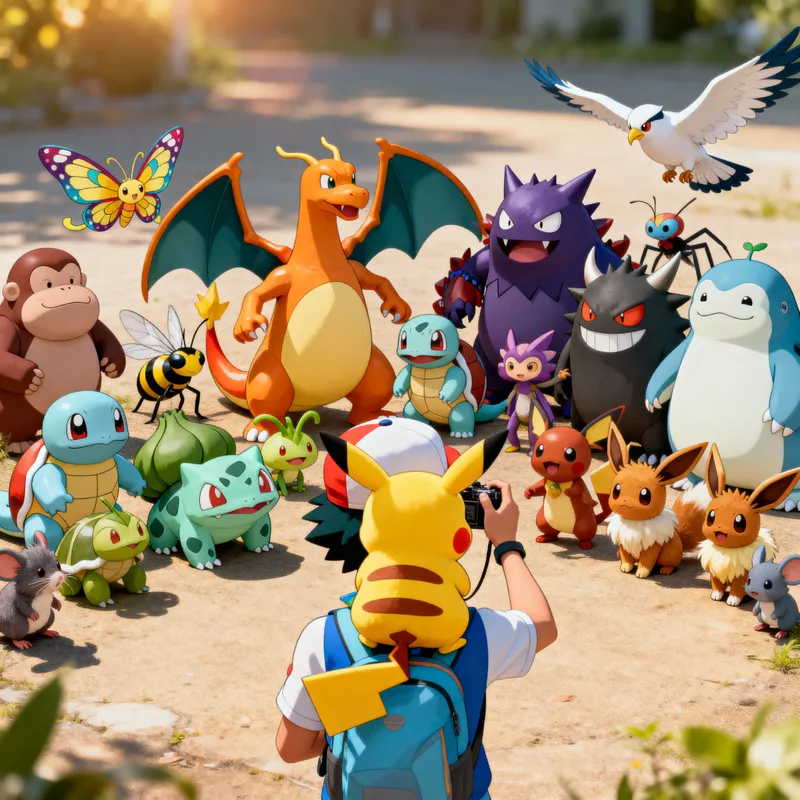 Pokemon Trainer with Pikachu and All His Pokemon