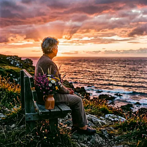 Elderly Woman by the Sea with Flowers at Sunset
