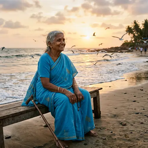 Elderly South Asian Woman by the Seaside