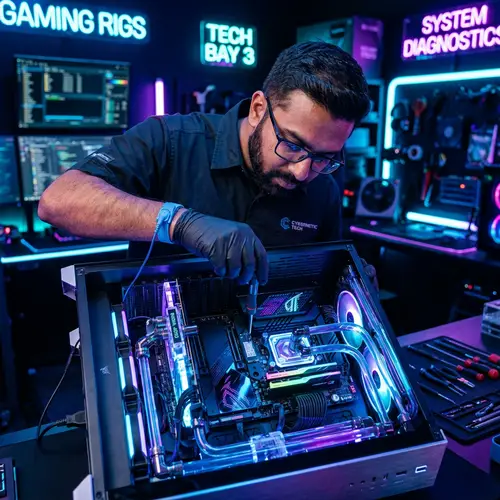 Futuristic Neon-Lit Gaming Computer Maintenance by South Asian Technician