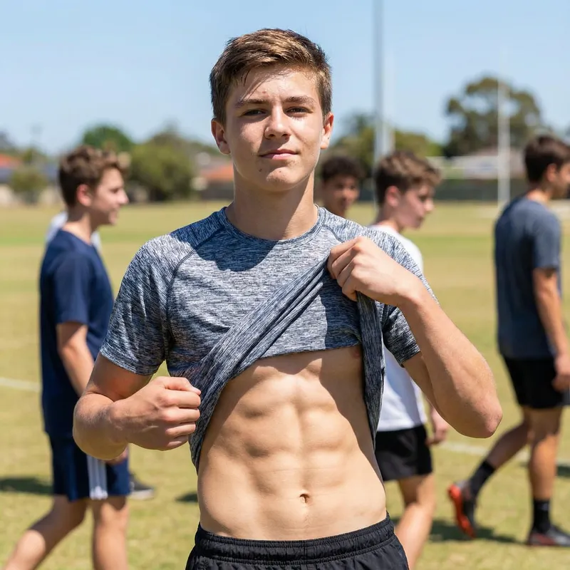 15-Year-Old Boy Flexing Muscles and Abs