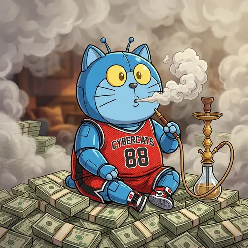 Unique Robotic Cat in Basketball Attire Amidst Money Stacks