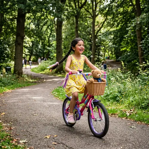 Joyful South Asian Girl Riding Colorful Bicycle in Serene Park