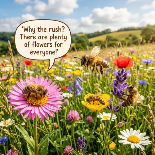 Playful Bee Scene in Sunlit Meadow | Vibrant Flowers Abound