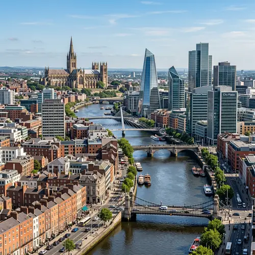 Urban Cityscape: Modern Skyscrapers, Traditional Townhouses, and Historic Cathedral