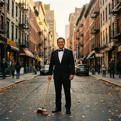 Hispanic Janitor in Classy Tuxedo - Urban Street Scene