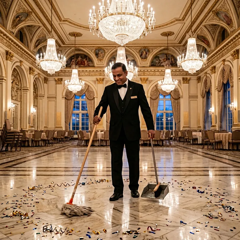 South Asian Janitor in Tuxedo Cleaning Elegant Ballroom with Grand Chandeliers