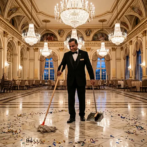 South Asian Janitor in Tuxedo Cleaning Elegant Ballroom