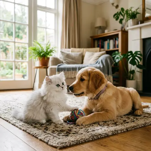 Adorable Persian Kitten and Golden Retriever Puppy Interaction