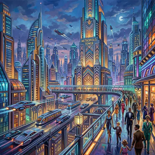 Futuristic Art Deco Cityscape Painting with Neon Lights