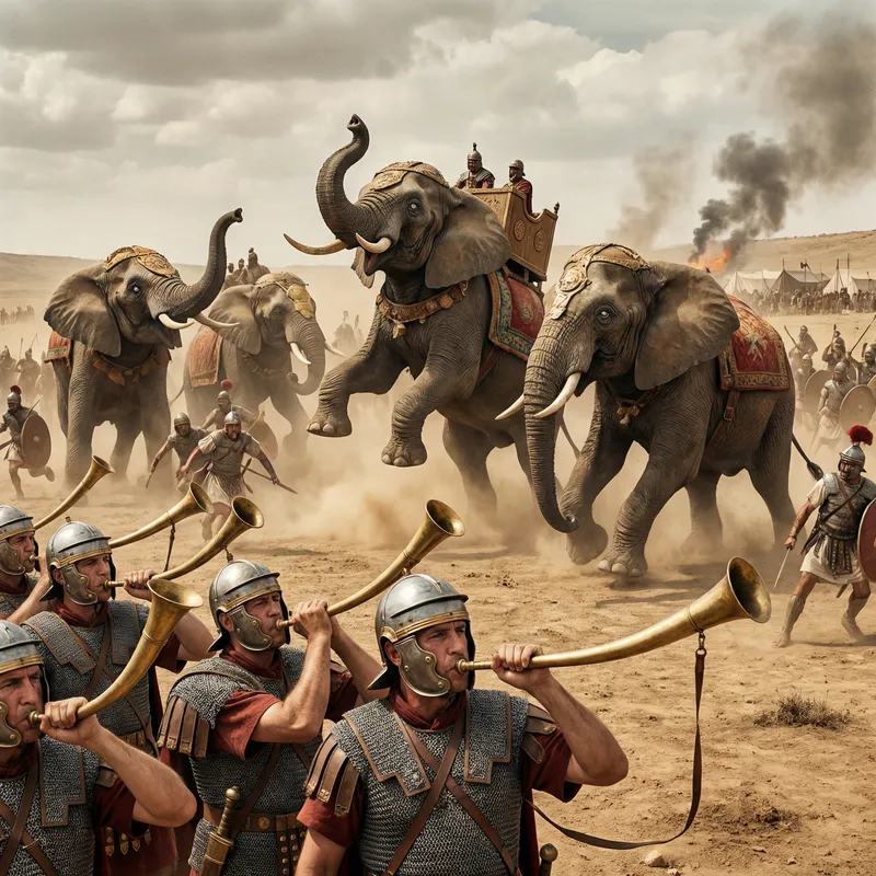 Battle of Zama: Roman Soldiers Trumpeting Fear into Hannibal's War Elephants Battle of Zama: Roman Soldiers Trumpeting Fear into Hannibal's War Elephants