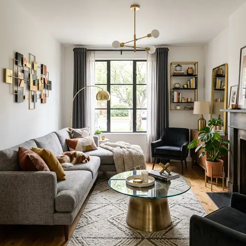 Stylish Living Room with Sofa and Metallic Elements