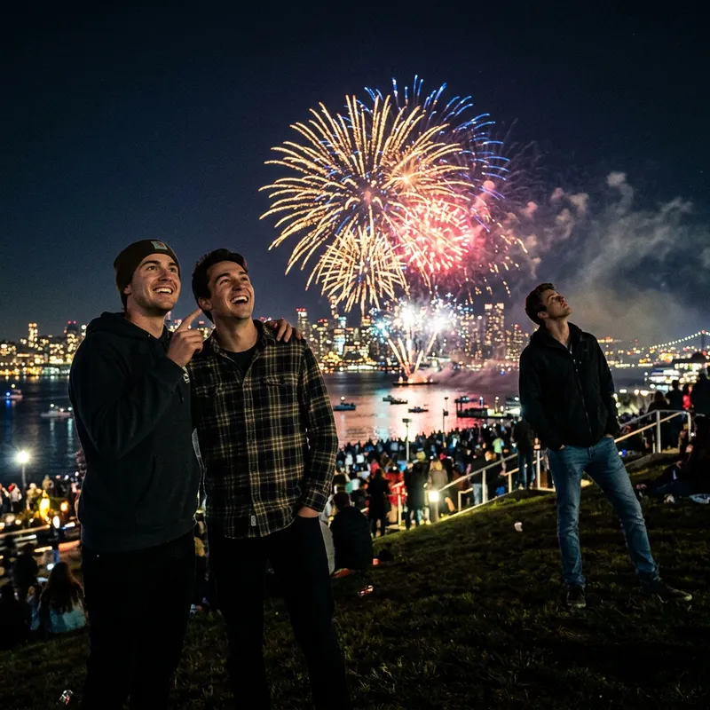 Three Friends Enjoying the Fireworks Display Three Friends Enjoying the Fireworks Display