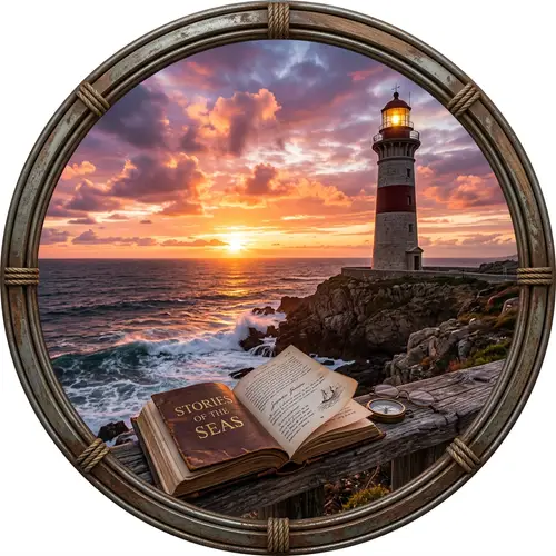 Majestic Lighthouse at Sunset with Open Book