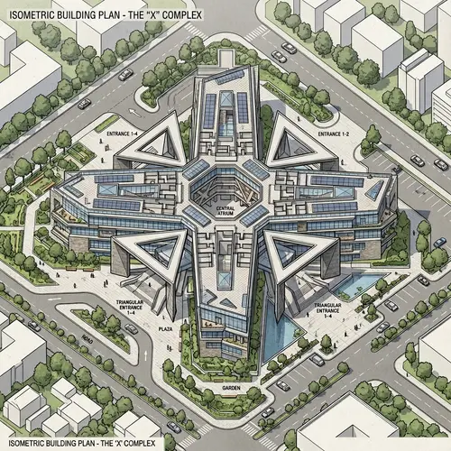 Isometric Plan of a X-Shaped Building