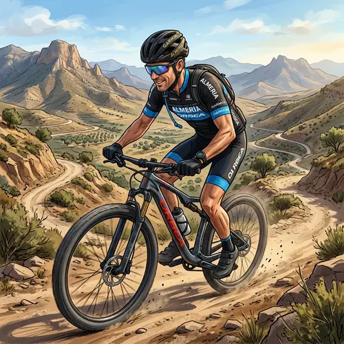 44-Year-Old Cyclist Riding Orbea Mountain Bike with Scenic Almeria Backdrop