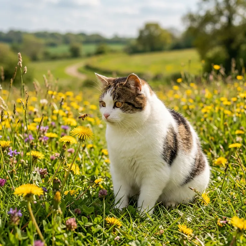 Charming White Cat with Brown Patches Enjoying Nature