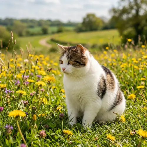 Adorable White Cat with Brown Patches in Vibrant Meadow