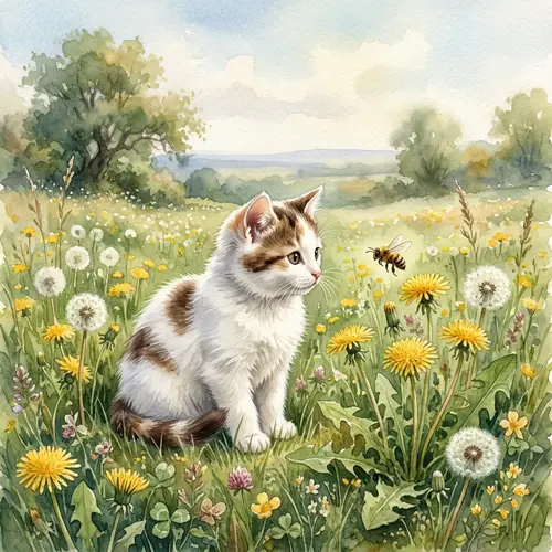 Adorable White Cat with Brown Patches in Dreamy Meadow