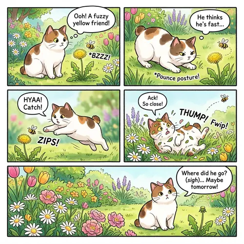 Short Comic Strip: Chubby Bobtail Cat in Green Yard