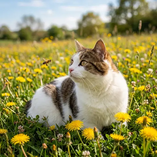 Plump Cat in Meadow with Bee - White Coat & Brown Patches