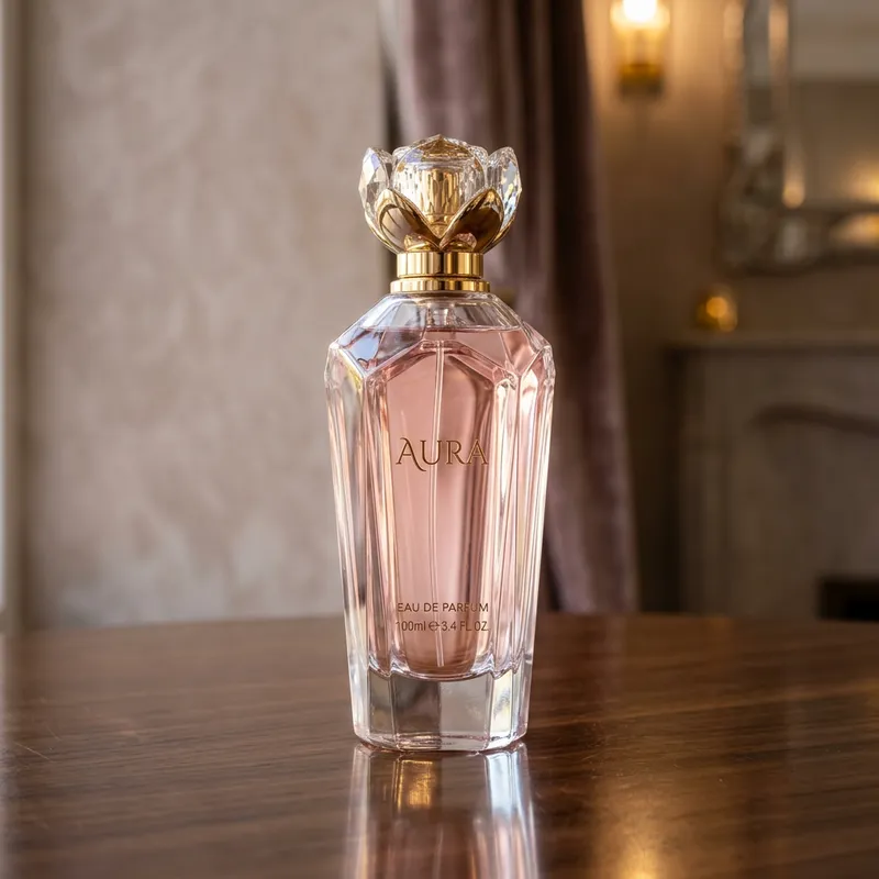 Elegant Perfume Bottle on Glossy Table in Asian Luxury Setting