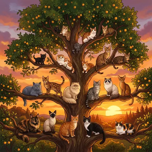 Diverse Range of Felines Perched on Looming Tree