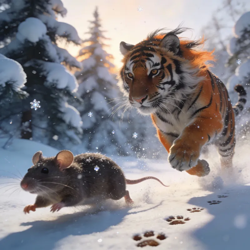 Majestic Tiger Pursuing Giant Mouse in Snowy Landscape Majestic Tiger Pursuing Giant Mouse in Snowy Landscape