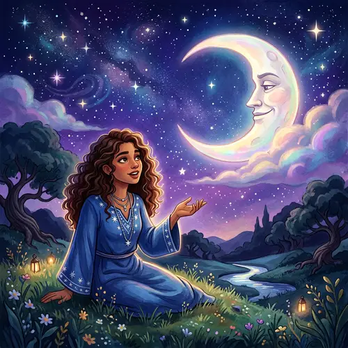 Beautiful Girl and Proud Moon in Art Against Starry Sky