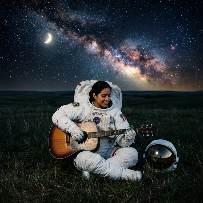 Astronaut Serenading the Cosmos with Guitar on Grass at Night