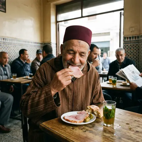Moroccan Man Enjoying a Piece of Ham