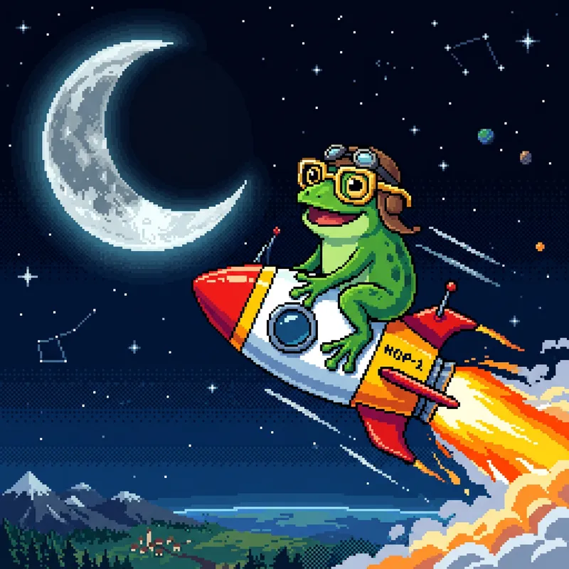 Pixel Frog with Gold Glasses Rocketing to Moon