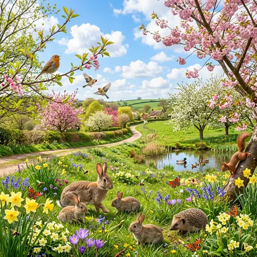 Vibrant Spring Scene: Fresh Leaves, Blooming Flowers & Animals in Nature