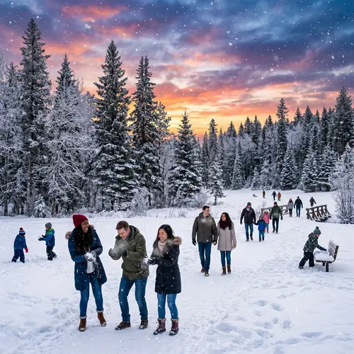 Serene Winterscape in December | Snow, Trees, People