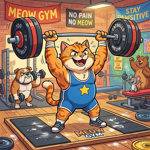 Cartoon Cat Weightlifting - Joyful Feline Animation